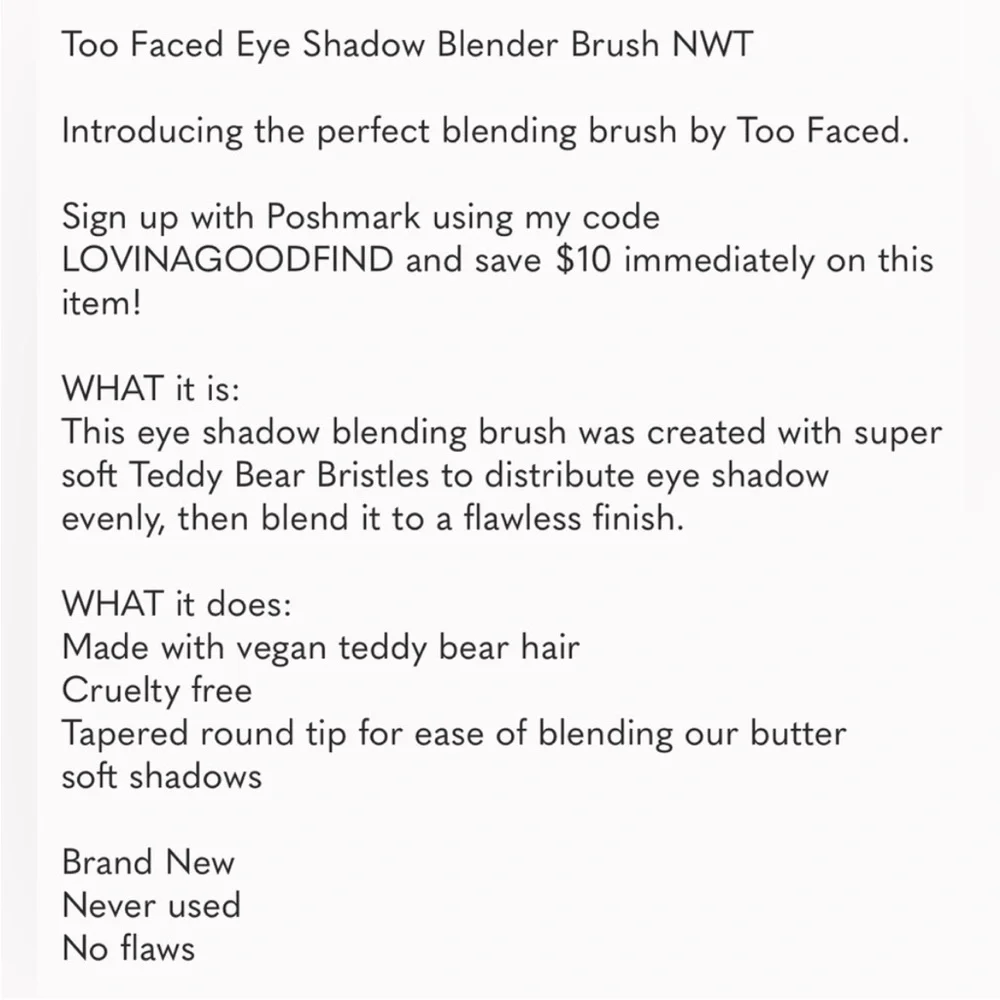 Too Faced Eye Shadow Blender Brush NWT